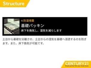土台から基礎を分離させ、土台からの湿気を基礎へ浸透するのを防ぎます。床下換気が可能です。 構造・工法・仕様